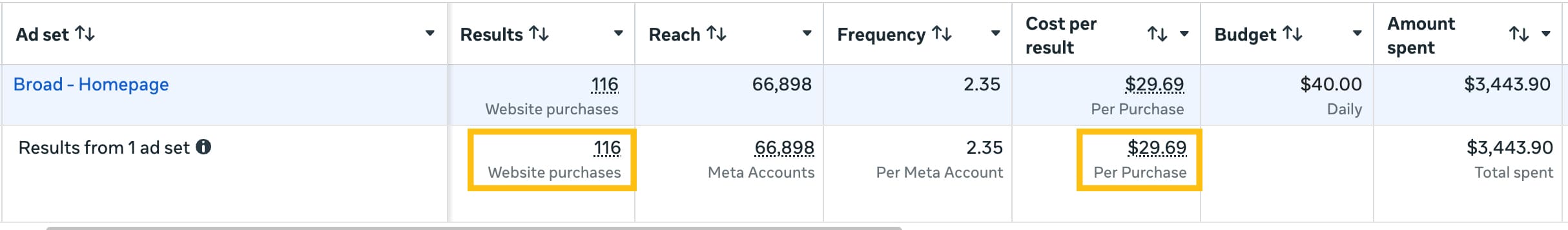 Meta Ads Manager report: 116 website purchases at $29.69 per purchase from $3,443.90 spent